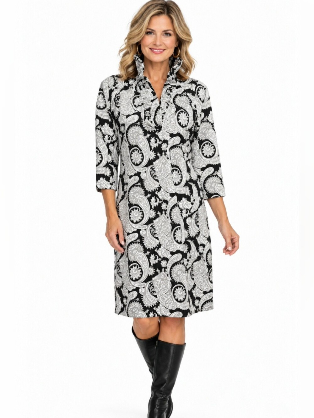 Gretchen Scott Plentiful Paisley Ruffneck Dress S Black Gray White 3/4 Sleeve